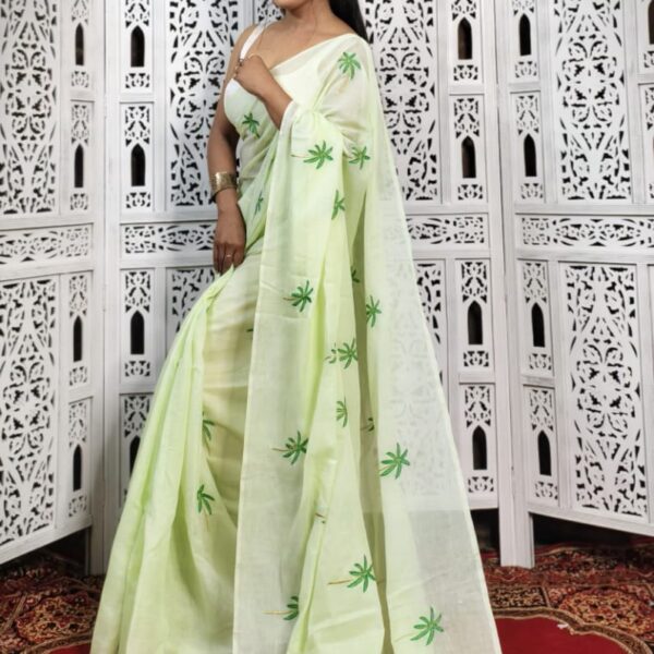 Mul Cotton Coconut Tree Embroidery Saree Without B.P.