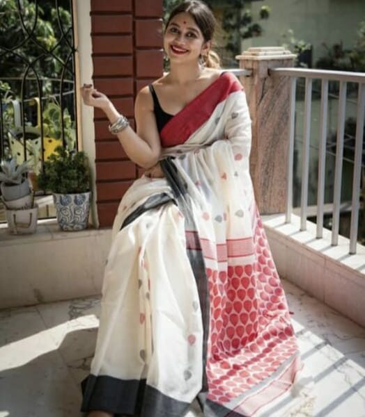 Pure Khadi Cotton Handloom Rain Drop Jamdani Saree With B.P.