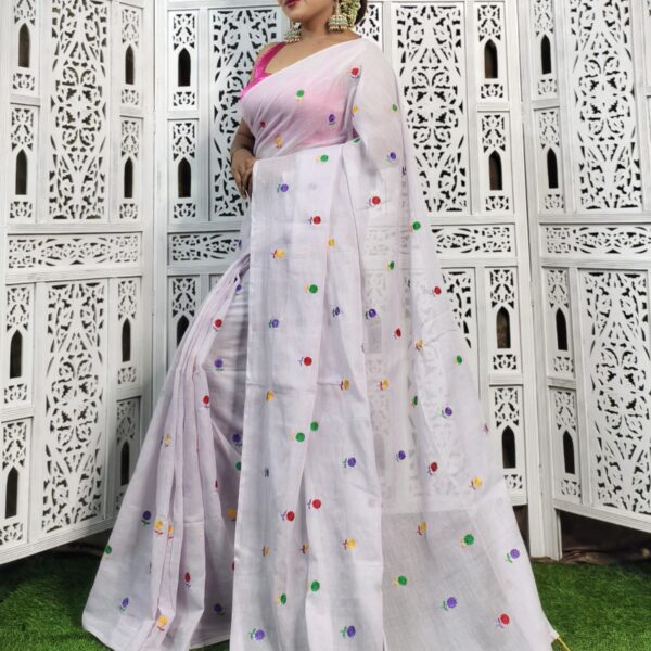 Mul Cotton Multi Colour Flower Embroidery Saree Without B.P.