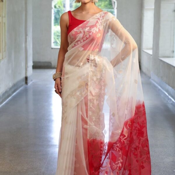 Pure Mosline Organza Jamdani Saree With B.P.