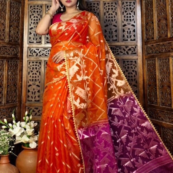 Golden Lace Border Contrast Pure Moslin Organza Saree With B.P.