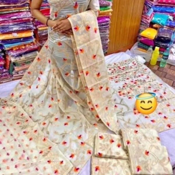 Cotton Resham  Half Mosline Tantuja Design Saree With Worked B.P.