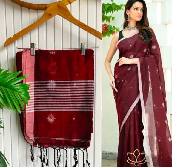 B Bloom Buti Handloom Cotton Saree With Tassel Pallu & B.P. - Image 1