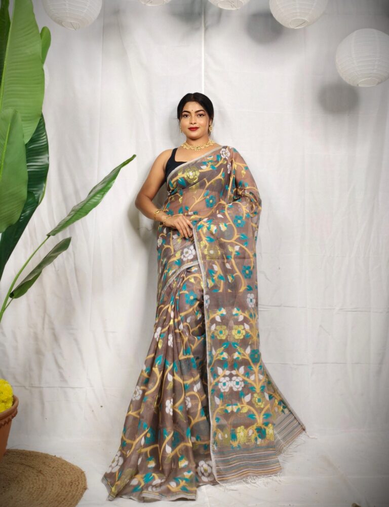 floral Jamdani saree in soft Resham silk