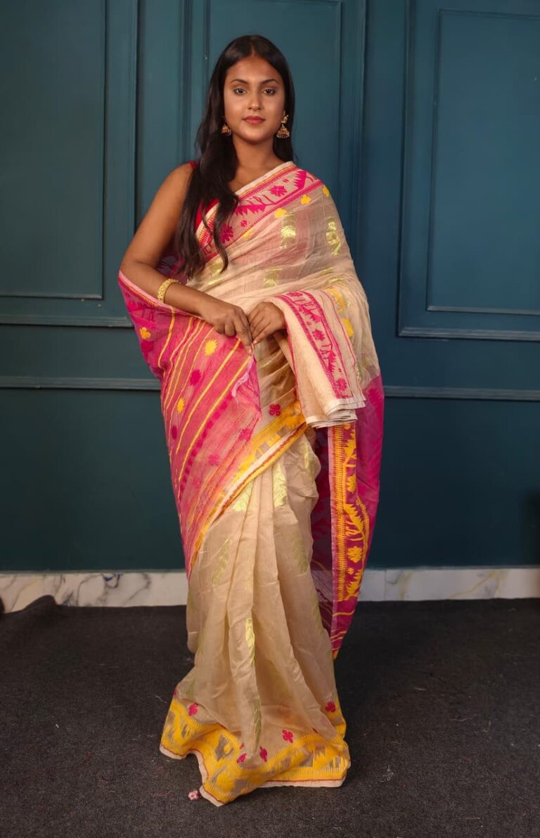 All Over Moslin Jamdani Saree with Hand Aari Kardana Work